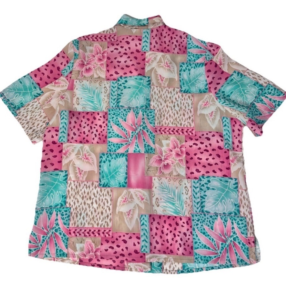 Allison Daley Button Front Blouse Women 16 Pink Tropical Patchwork Short Sleeve - Picture 2 of 10